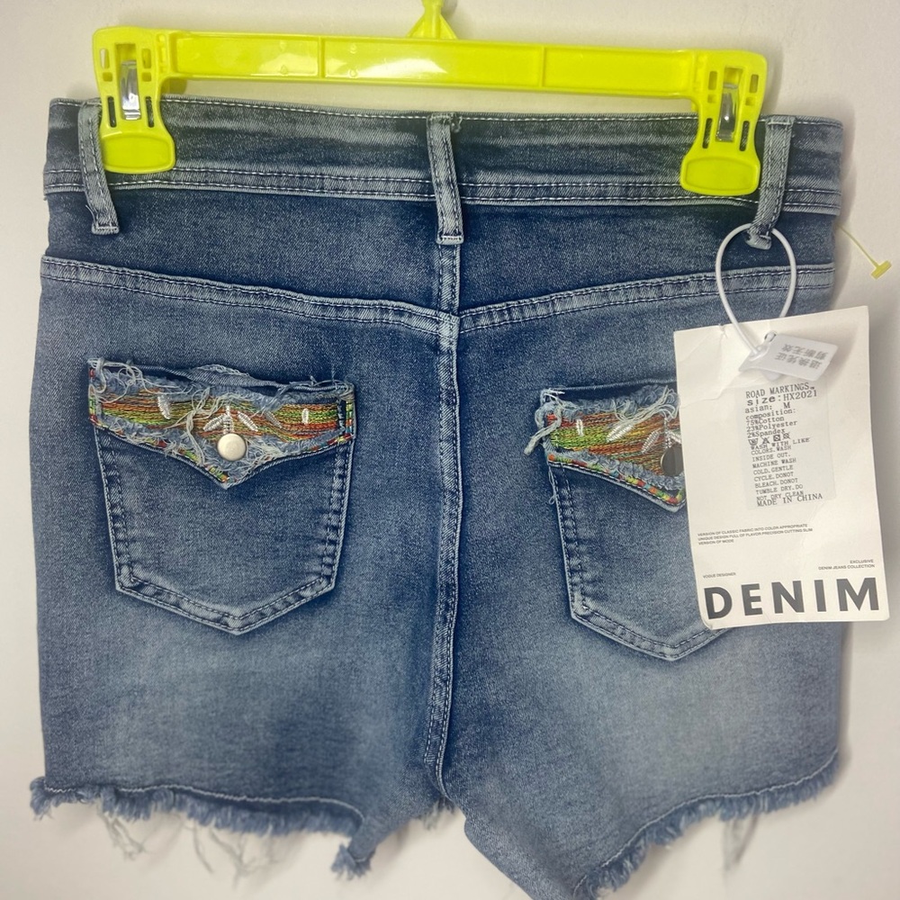 Women's Blue Denim Frayed Hem Shorts - Picture 3 of 5